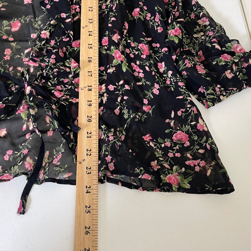 Vintage Paradise Plus Cardigan Women 1X Black Pink Floral Ruffle Tie Front Sheer - Picture 10 of 10